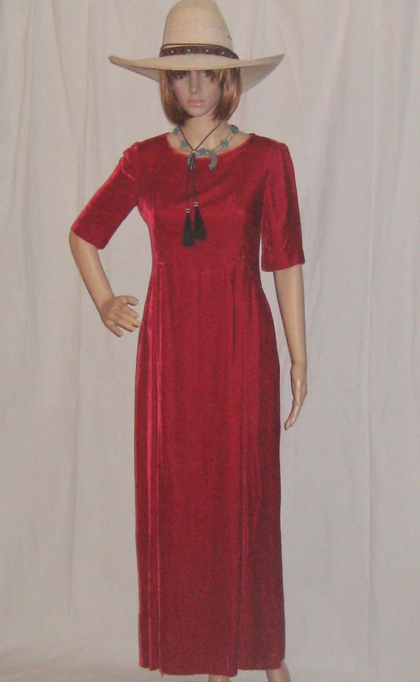 Maxi Vestido Vintage Terciopelo Años 70 Hecho a Mano Rojo Carmesí Manga Corta Columna Pequeño Foto 1 de 4