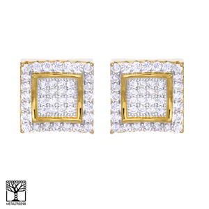 Men's Gold Plated CZ Iced Square 2 Tone Caved Screw Back Stud Earrings BE 001 TT - Picture 1 of 4