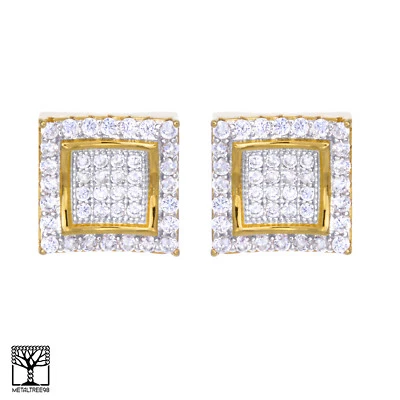 Aretes para hombre chapados en oro circonita cúbica cuadrados helados 2 tonos cavados tornillo trasero BE 001 TT Foto 1 de 4
