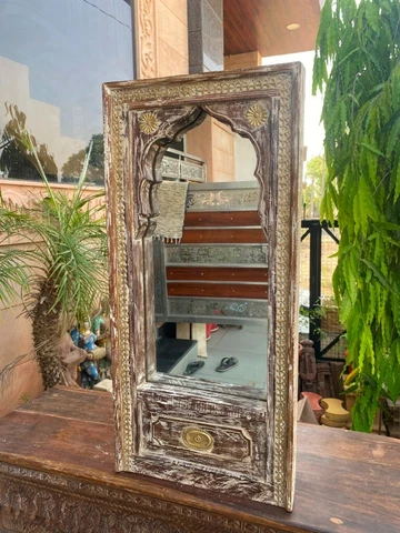 Wooden Handcrafted Indian White Painted Brass Work Arch Jharokha Wall  Mirror Cover