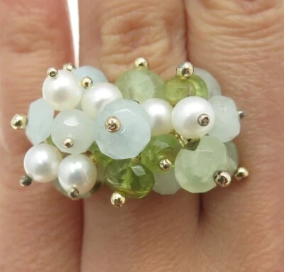 DALIA ID Sterling Silver Gold Plated Real Pearl Peridot & Aquamarine Ring Size 6 - Image 1 of 4