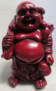 11" Buddha Red Resin Figurine Happy Walking Bag on Stick Feng Shui Good Luck - Picture 1 of 9