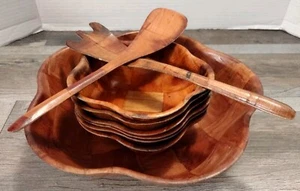 Vintage MCM Formosa - Holz geflochten 9-teiliges Salatset - 1 Servierschüssel, 6 Schüsseln 2-teilige Zange - Bild 1 von 12
