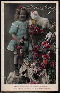 BH125 New Year Cute EDWARDIAN GIRL LAMB STUFFED TOY Tinted PHOTO pc 1909