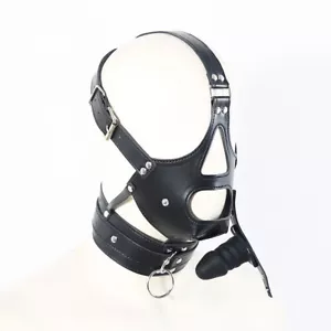 Arnés de cuero PU cabeza capucha máscara cuello boca tapón bondage - Imagen 1 de 12