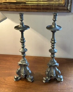 Fine 19th century pair of tall Dutch pewter alter candlesticks in Baroque style - Picture 1 of 6
