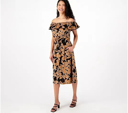 Isaac Mizrahi Live! Vestido regular estampado fuera del hombro tono negro L A598265 Foto 1 de 1