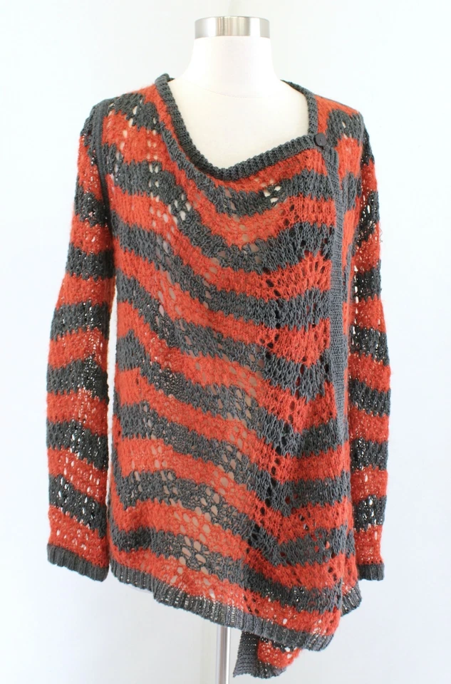 Guinevere Anthropologie 宽松条纹裹身式开衫毛衣橙色亚麻 S — 第 1/4 张图片