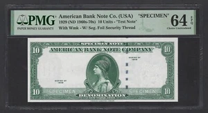 American Bank ABNC 10 Units 1929(ND1960s-70) Test Note Specimen UNC Grade 64 - Picture 1 of 2