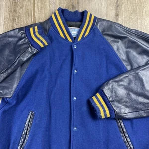 Vintage Letterman Wool Leather Letterman Jacket Blank Blue Yellow USA Made XL - Picture 1 of 15