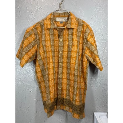 Camisa Prana Para Hombre Naranja Marrón Hawaiana Geométrica Verano Manga Corta Talla Mediana Foto 1 de 4