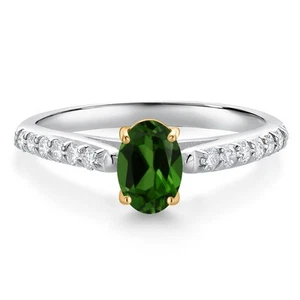 10K White and Yellow Gold Green Chrome Diopside and White Lab Grown Diamond - Picture 1 of 4