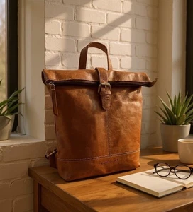 Rowallan Scotland Large Rustic Tan Zip Leather FoldOver Rucksack Backpack 2873 - Picture 1 of 10