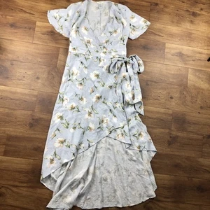 Promesa Women Sz L Light Blue White Floral Flowy Wrap Dress  - Picture 1 of 13