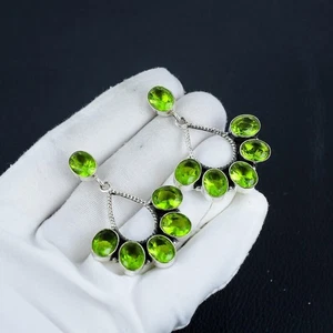 Green Peridot Gemstone Handmade 925 Sterling Silver Jewelry Earring Size-1.65" - Picture 1 of 5