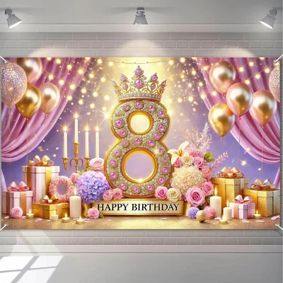 8º Feliz Cumpleaños Telón de Fondo Decoración para Niñas Princesa Exterior Fiesta de Vacaciones  Foto 1 de 4
