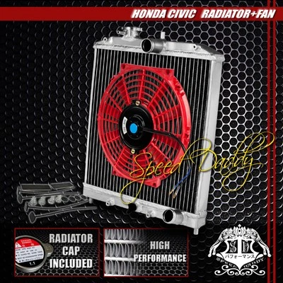 2ROW FULL ALUMINUM RACING RADIATOR+10"RED FAN FOR 92-00 CIVIC EJ/EK/EG/INTEGRA - Image 1 of 4