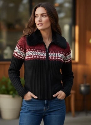 Cárdigan Suéter Fair Isle Negro Rojo Cremallera Frontal Extraíble Cuello de Piel Sintética Mediano Foto 1 de 4
