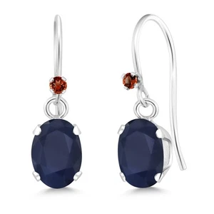 2.07 Ct Oval Blue Sapphire Red Garnet 925 Sterling Silver Earrings - Picture 1 of 3