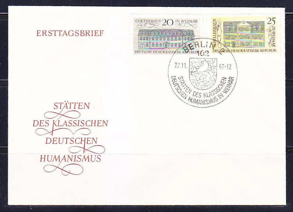 Germany DDR 1967 FDC cover Mi 1329-1330 Sc 966-967 Goethe & Schiller House - Image 1 of 1