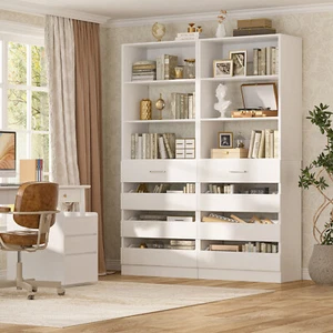 80 Inch Tall Storage Cabinet Bookshelf, Home Office Bookcase with 4 Wood Drawers - Picture 1 of 29