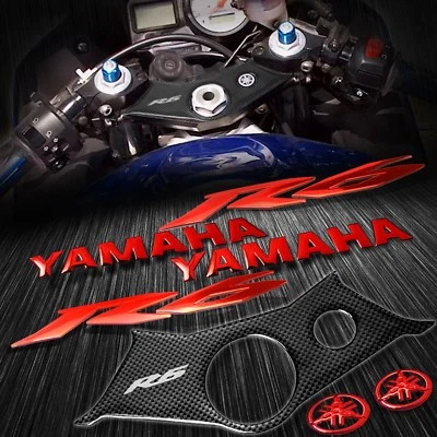 Cubierta de yugo de manillar aspecto carbono + logotipo rojo cromo 6" + pegatina emblema 03-05 YZF R6 Foto 1 de 4