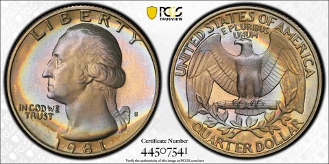 PR67DCAM 1981-S (T2) Washington Proof Quarter, PCGS Secure- Vivid Rainbow Toned Cover