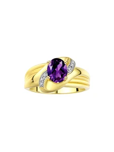 RYLOS Ring: Gemstone & Diamonds, Classic Design, Gold Plated Silver, Sizes 5-10 - Picture 1 of 30