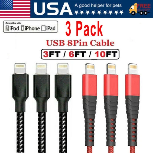 3 Pack Fast Charger Cable Heavy Duty For iPhone 13 12 11 X XR 8 7 Charging Cord - Image 1 of 4