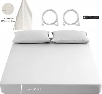 Sábana bajera 10 % fibra plateada algodón puesta a tierra talla Queen/King 15" profundidad Foto 1 de 4