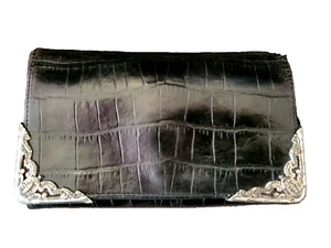 Vintage Brighton Wallet Clutch Black Crocodile Print Leather Silver Tone Large - Picture 1 of 11