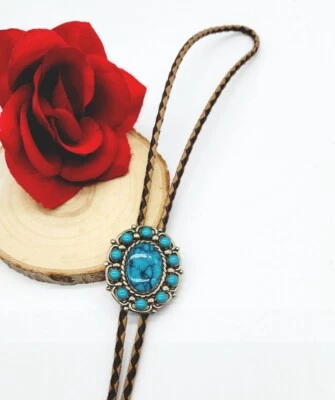 Collar Deslizante Bolo Vintage Imitación Turquesa Níquel Plata Campana Western Trenzado  Foto 1 de 4