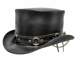Men's Top Hat Black 100% Genuine Leather Victorian Hat / Steampunk Top Hat - Picture 1 of 2
