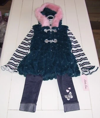 Niñas Little Lass 3 Piezas Chaleco de Piel Sintética LS Camisa Mariposa Leggings Conjunto 5 6 Foto 1 de 4