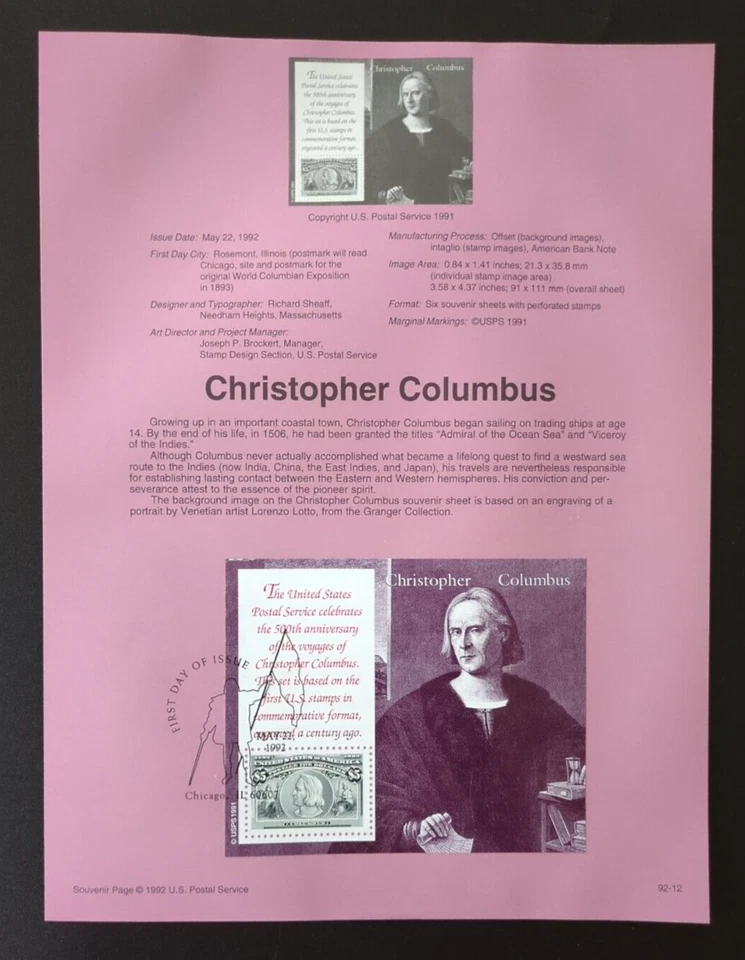 $5 Christopher Columbus 1992 SOUVENIR PAGE SCOTT # 2629 SP1008 - Image 1 of 1