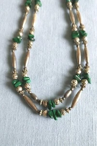 Vintage Malachite & Silver Tone Necklace Beads Green Chips 2 Strands 24", 25" - Picture 1 of 5