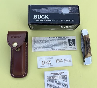 Buck 110 Damascus Stag Folding Hunter Knife 1989 Date Code (V) - Image 1 of 4