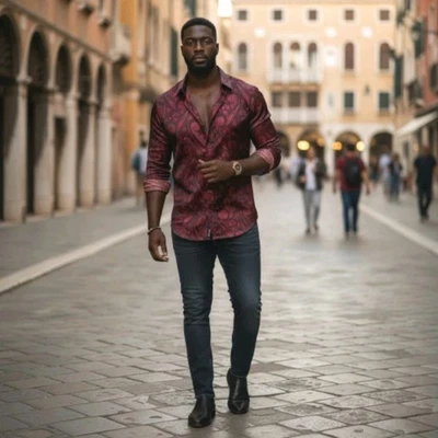 Barry Wang Silk Blend Long Sleeve Party Dress Shirt Sz XL Red Black Paisley - Image 1 of 4