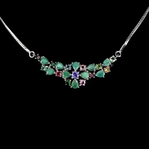 925 Sterling Silver Necklace Pear Emerald Tanzanite Tourmaline Gemstone 19inches - Picture 1 of 13