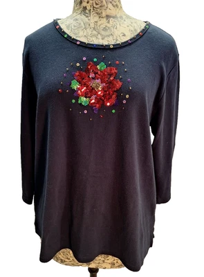 Suéter Suéter Quacker Factory Rojo Lentejuelas Poinsettia Feo Navidad Para Mujer L  Foto 1 de 4