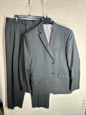 Traje PRONTO UOMO 42L Verde Oscuro Oliva Rayas 2 Piezas 37x31 100% Lana 2 Botones Foto 1 de 4