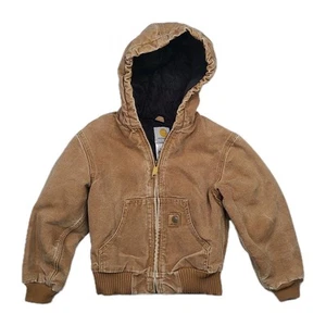 Vtg Carhartt Brown Jacket Youth Small 6/7 Quilted Lined Canvas YYJ130 Distressed - Picture 1 of 15