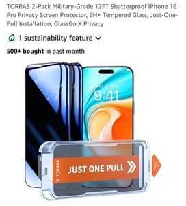 TORRAS 2-Pack Shatterproof Privacy Screen Protector For iPhone 16 Pro 6.3" - Photo 1 sur 10