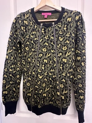 Vintage Betsey Johnson Double Zip Cardigan Green Leopard Print Sweater (Size SM) - Image 1 of 4