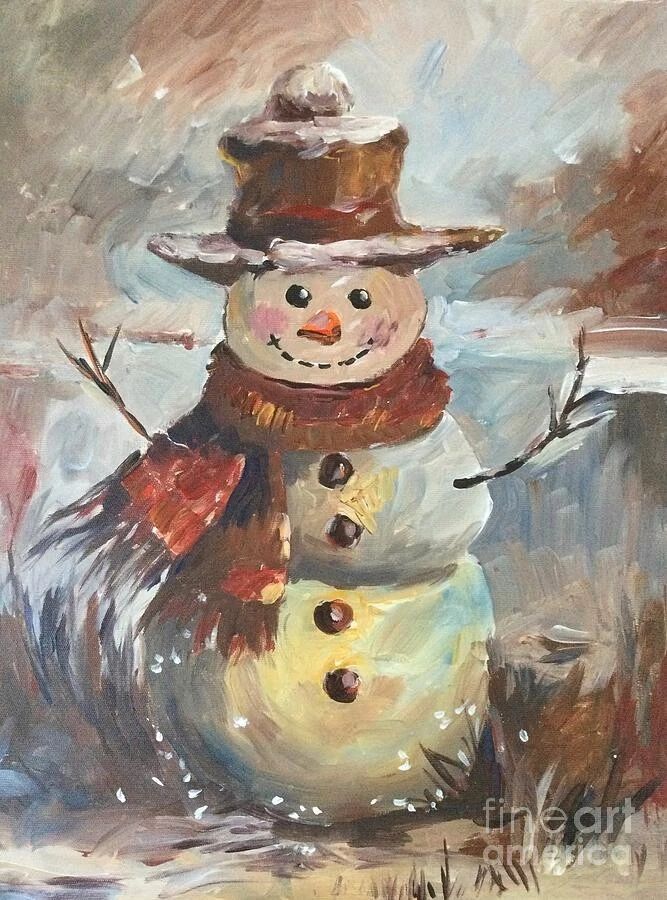 new  hand made Painting on 12"*15"canvas HAPPY SNOWMAN by Wendy - Image 1 of 2