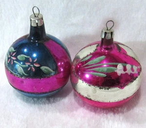 Paar Vintage handbemalter floraler Quecksilber Glas Christbaumschmuck Polen - Bild 1 von 4