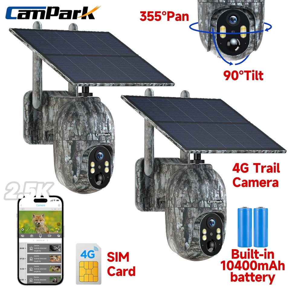 CAMPARK 2* Solar Powered 4G LTE Cellular 2.5K PTZ Trail Camera Hunting Cam w/ SIM Card