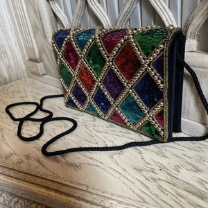 VINTAGE Multi Color Beading Sequin Argyle Beaded Background Evening Handbag MINT - Picture 1 of 10