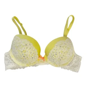 Victoria's Secret Dream Angels Push Up Yellow White Lace Rhinestone Bra Size 34A - Picture 1 of 4