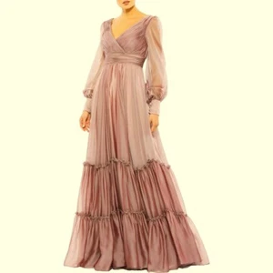 Vestido Mac Duggal Mocha Malva Manga Larga Satén y Gasa en Niveles Talla 2 $598 - Imagen 1 de 3
